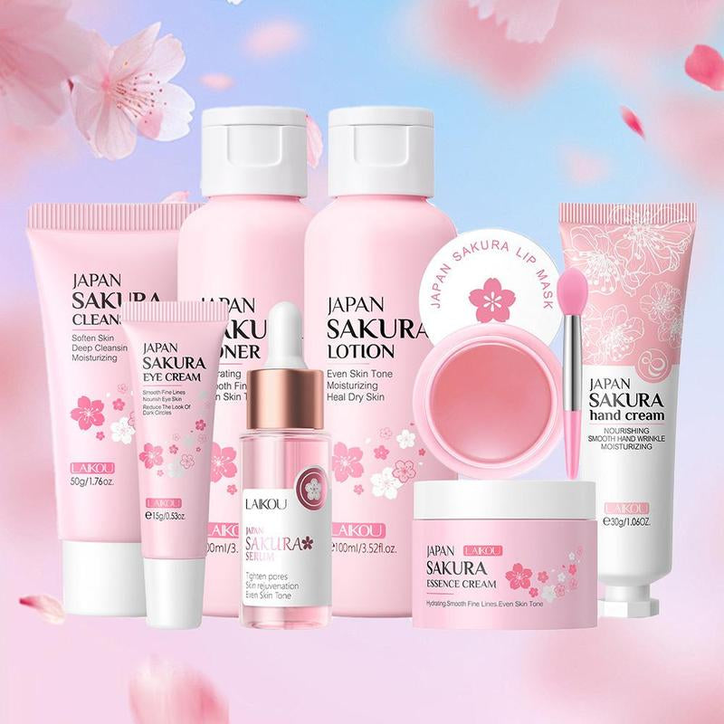 Sakura Facial Care Set (8 Counts/Set), Cleanser & Eye Cream & Moisturizing Essence & Toner & Lotion & Lip Mask & Face Cream & Hand Cream, Skin Care Kits for Women
