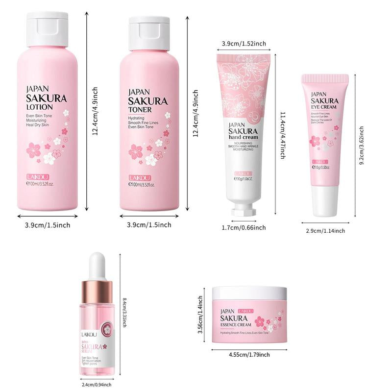 Sakura Facial Care Set (8 Counts/Set), Cleanser & Eye Cream & Moisturizing Essence & Toner & Lotion & Lip Mask & Face Cream & Hand Cream, Skin Care Kits for Women